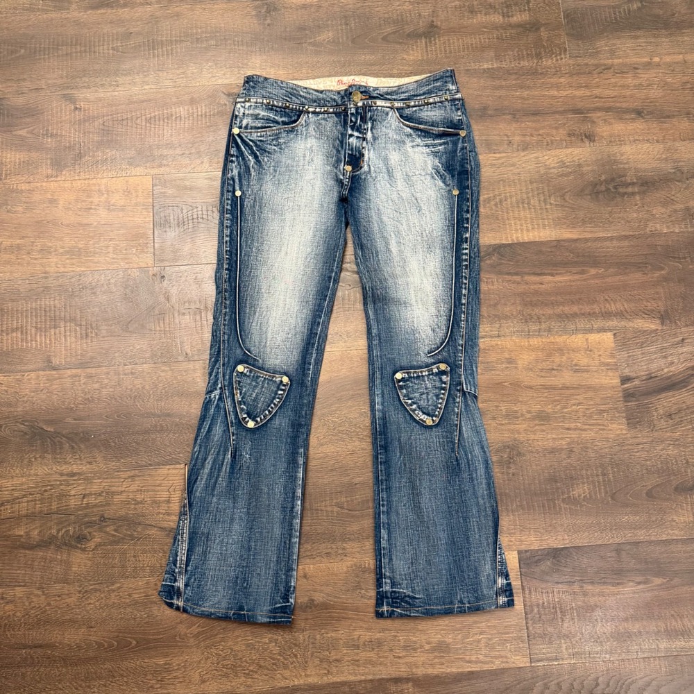 Pepe Jeans London Y2K Studded Acid Wash Flare Jeans Blue Denim Mens 33x31